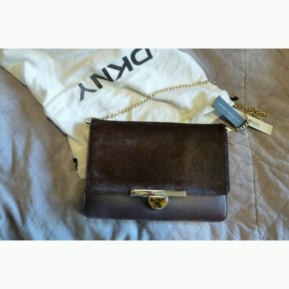 NWT $215 Donna Karan Lamb Leather Calf Hair purse Gold Chain Handle Burgundy